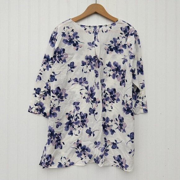 J Jill Floral Tunic Top Size MP White Purple V Neck Half Sleeve Button Cuff - Picture 9 of 10